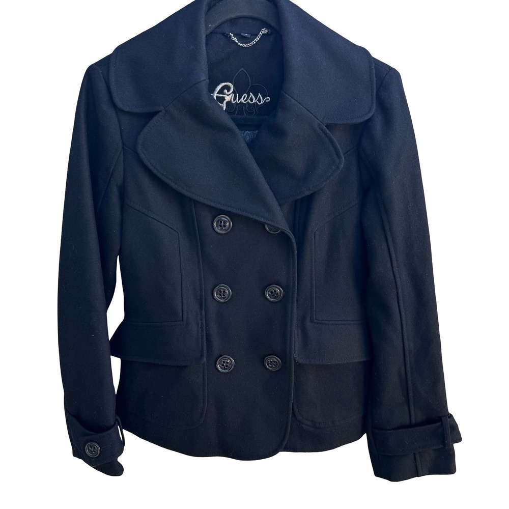 Guess Dark Academia Preppy Tailored Wool Blend Double Breasted Pea Coat Black S